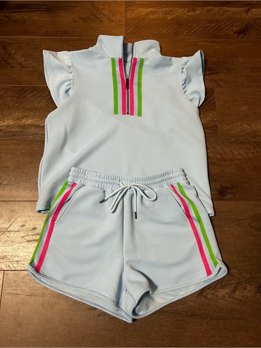 Light Blue Two-Piece Lounge Set with Pink & Lime Stripe